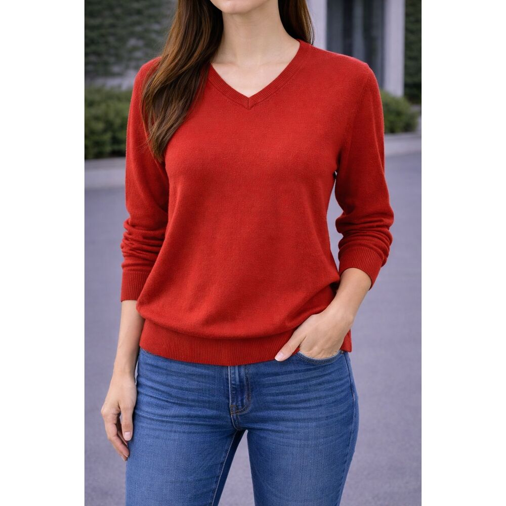 Cashmere Blend Lands' End V-neck Sweater Rust Chutney S